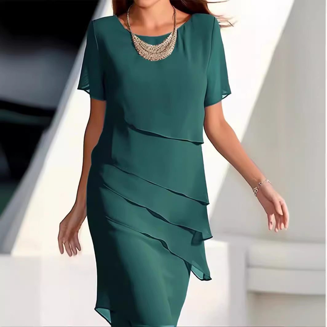Women's Solid Color Sleeve Glitter Ruffles Crew Dresses