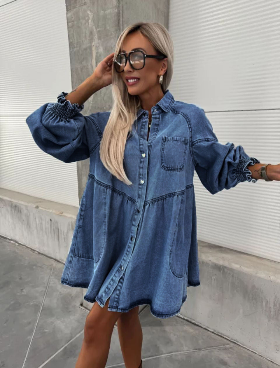 Women's Russian Shirt Button Denim Long Sleeve Dresses
