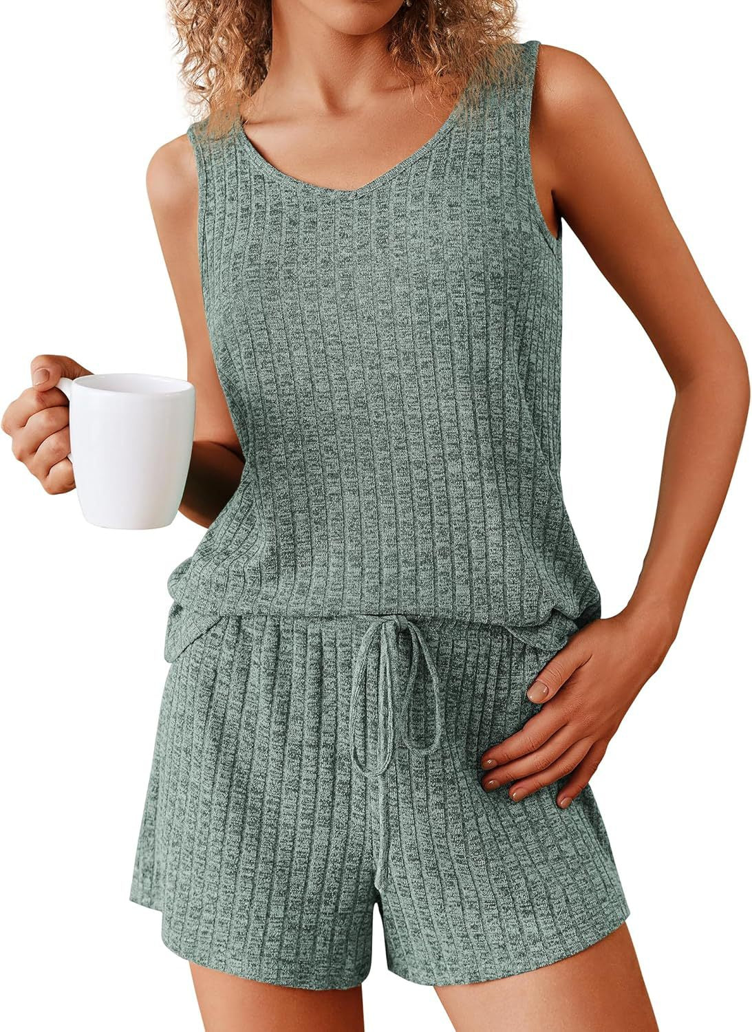 Women's Sleeveless Pajamas Rib Knitted Summer Suits