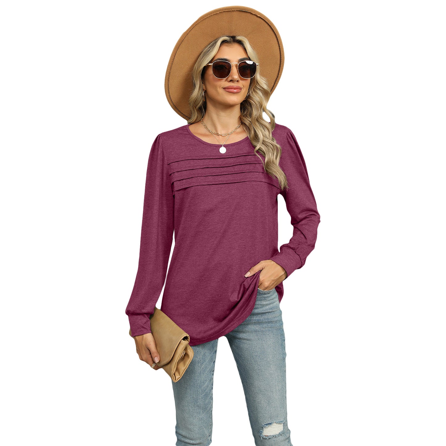 Women's Solid Color Pleated Long-sleeved T-shirt For Tops