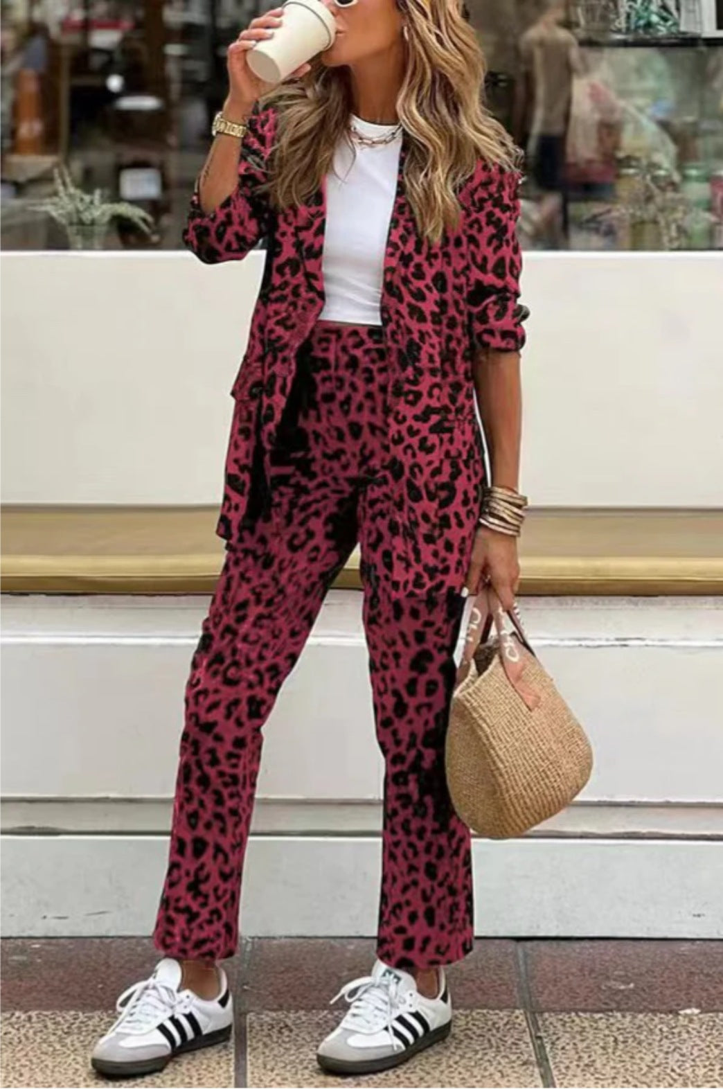 Women's Leopard Print Printed Long-sleeved High Waist Suits