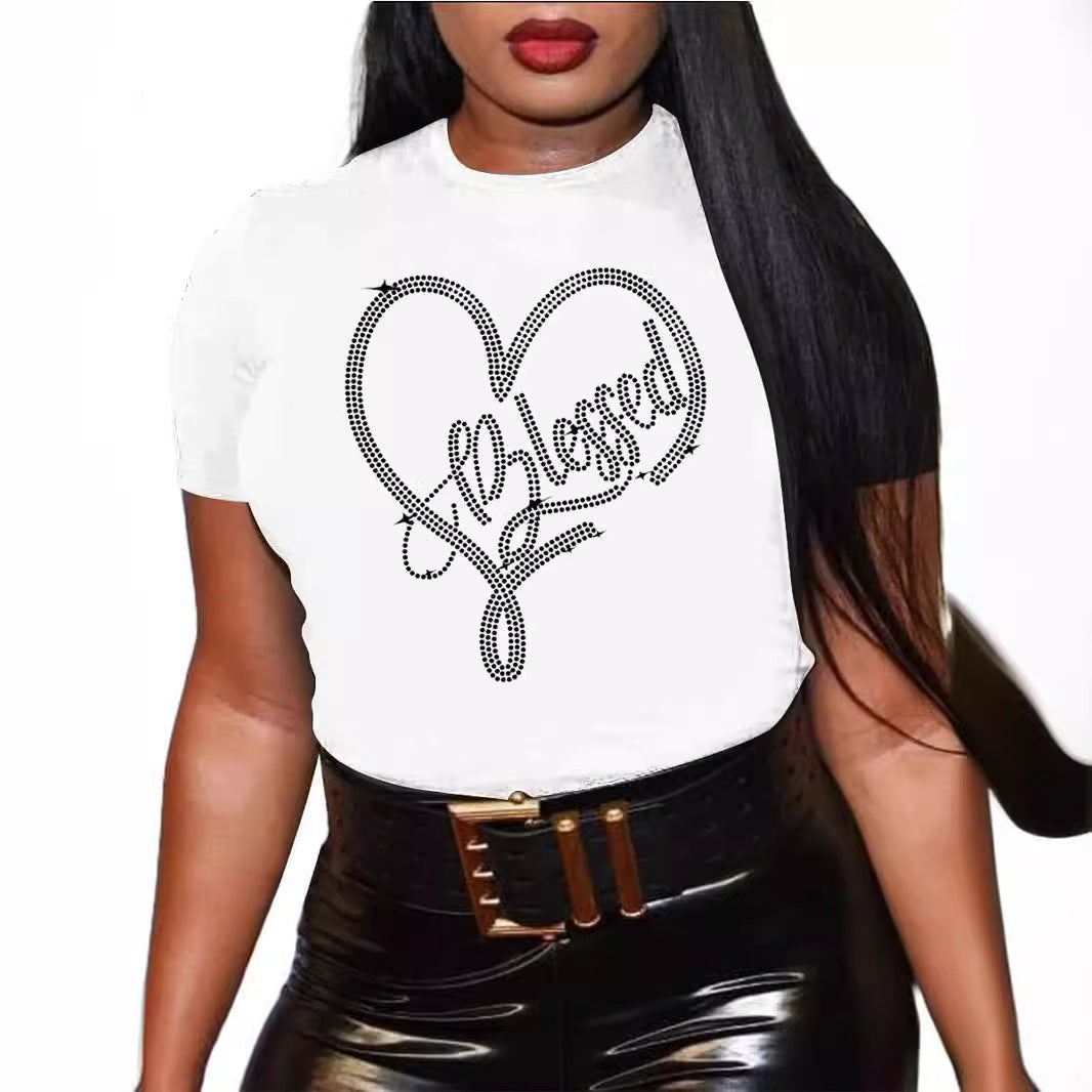 New Attractive Rhinestone Round Neck T-shirt Blouses
