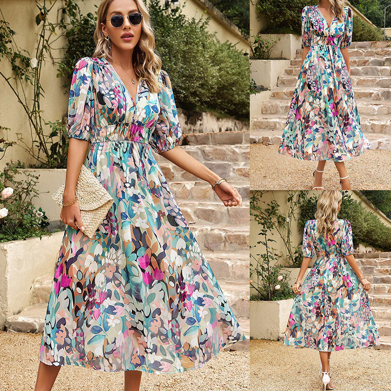 Women's Summer Sleeve Temperament Chiffon Printed Dress Dresses