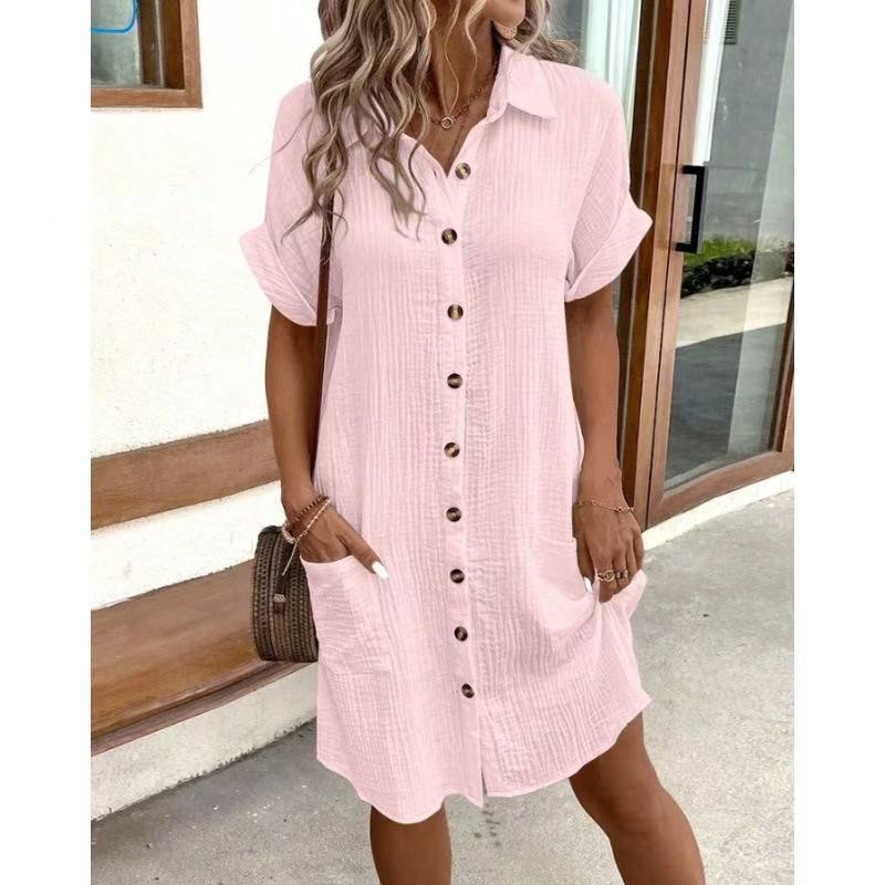 Women's Casual Solid Color Cotton Linen Breasted Mid-length Sleeve Clothing