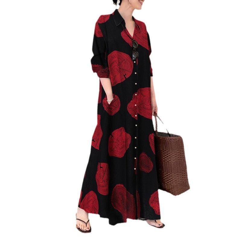 Women's Large Muslim Cotton Linen Printed Long Sleeve Simple Dresses