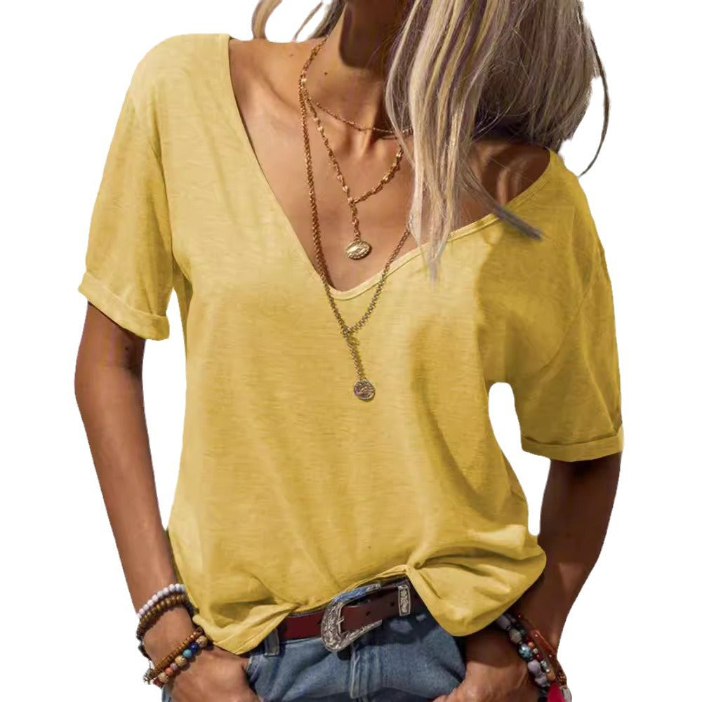 Women's Fashion Deep Collar Sleeve Solid Color Blouses