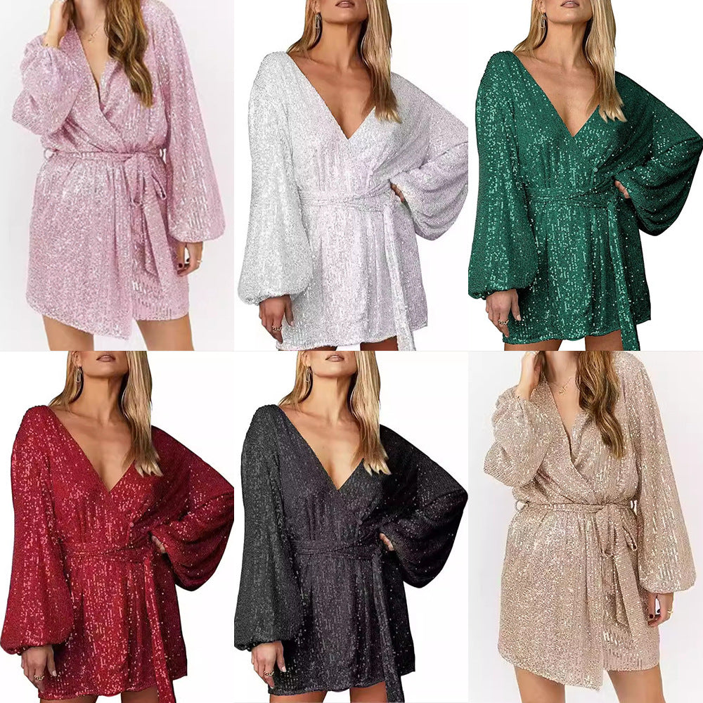 Women's Dress Collar Long-sleeved Bubble Sleeve Glitter Skirts