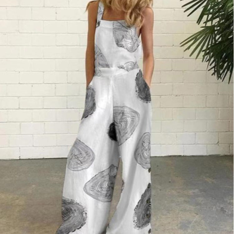 Women's Linen Printed Fastener Decoration Sleeveless Loose Jumpsuits