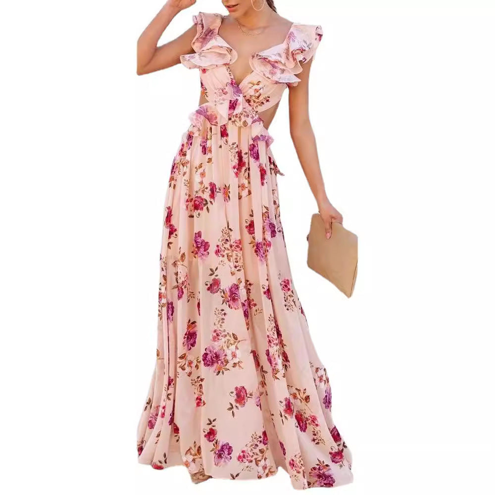 Women's Clothes Flower Print Stitching Backless Summer Dresses