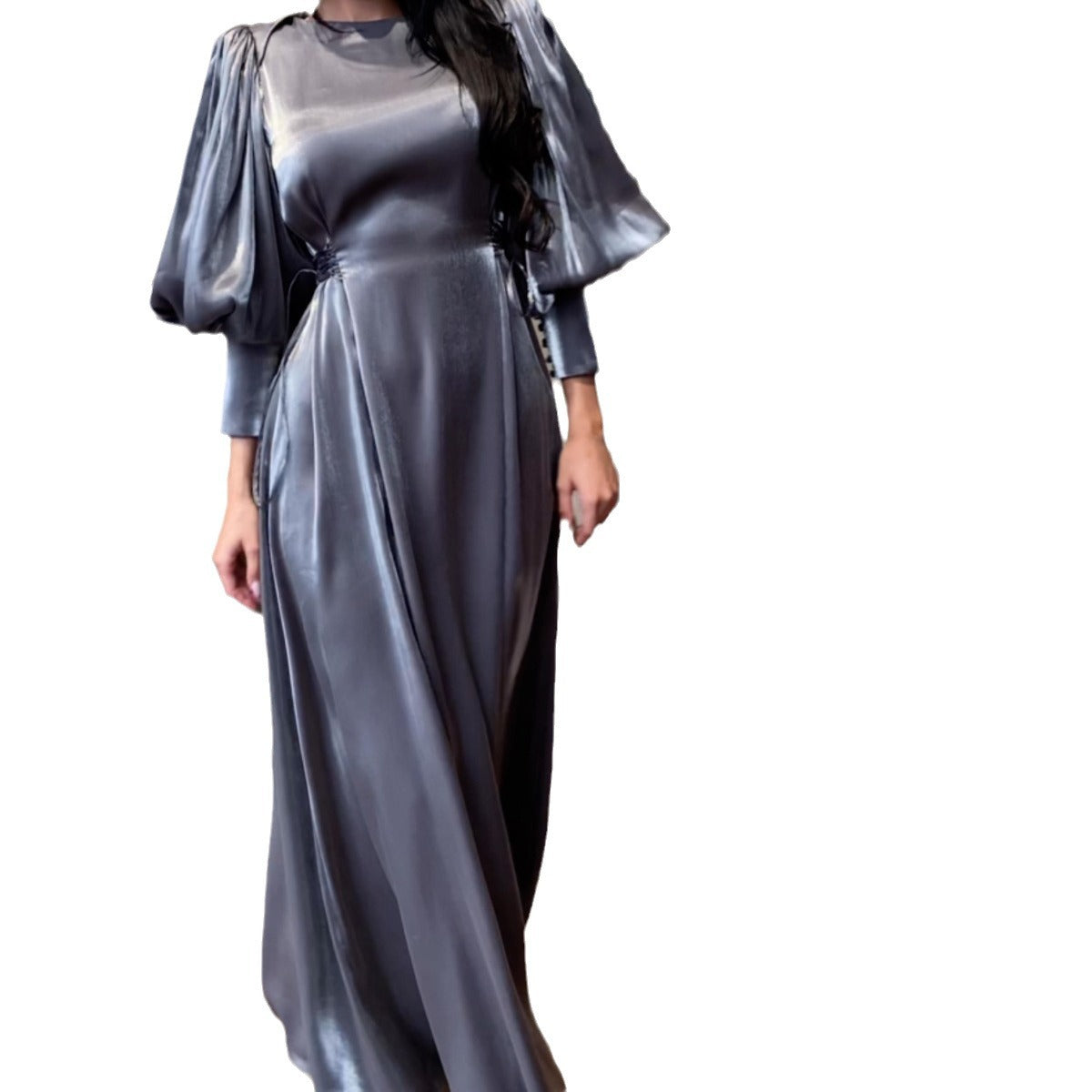 Women's Lantern Sleeve Long Satin Lace Up Dresses
