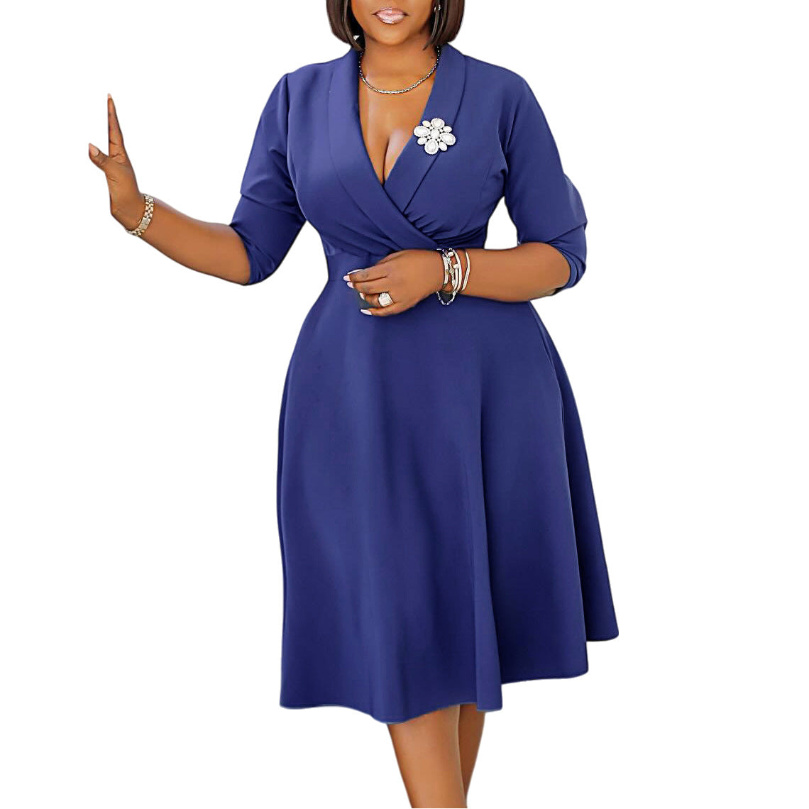 Women's Elegant Solid Color Polo Collar High Waist Dress