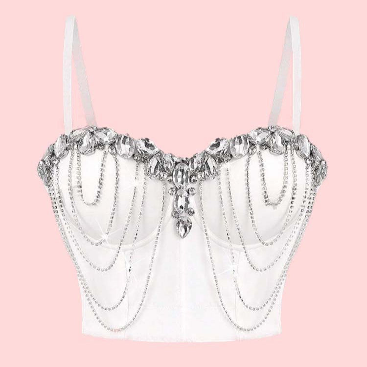 White Chain Diamond Sexy Bra Design Sense Tops