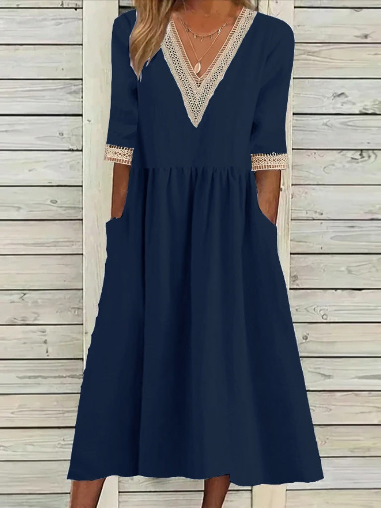 Women's Loose Cotton Linen Lace Collar Half Dresses