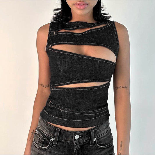 Women's Summer Hot Sexy Cutout Imitation Denim Tops