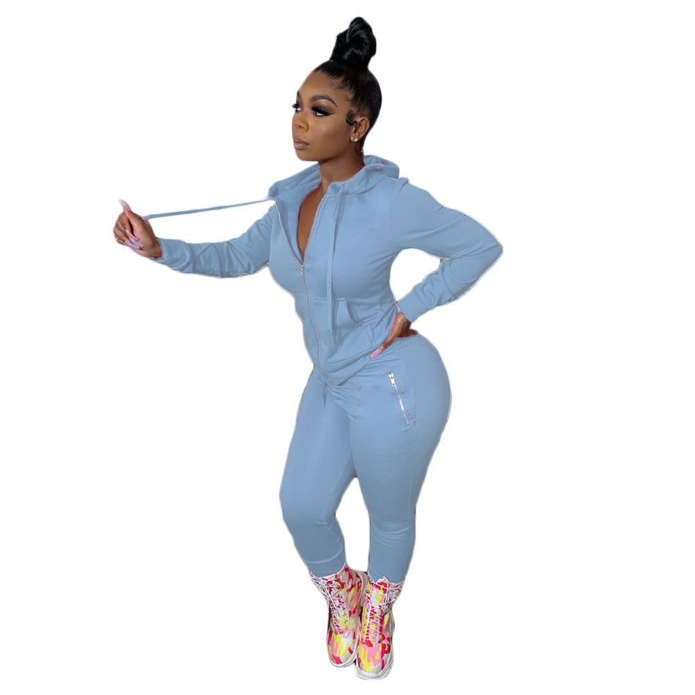 Women's Autumn Solid Color Personality Zipper Two-piece Suits