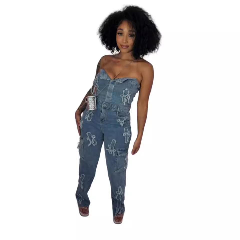 Tube Embroidered One-piece Trousers Cross Elastic Jumpsuits