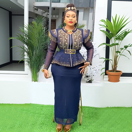 Women's African Dress Rhinestone Two-piece Set Suits