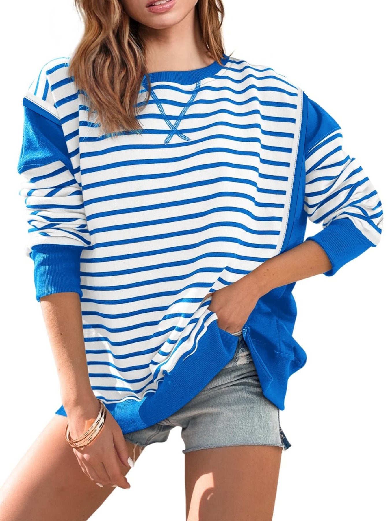 Women's Striped Contrast Color Long Sleeves T-shirt Blouses