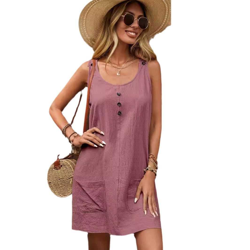 Women's Collar Solid Color Sleeveless Strap Pouch Dresses