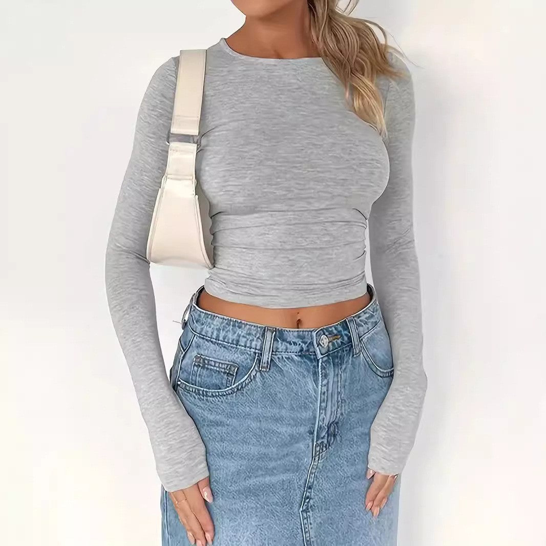Women's Color Slim Fit Round Neck Long-sleeved Blouses