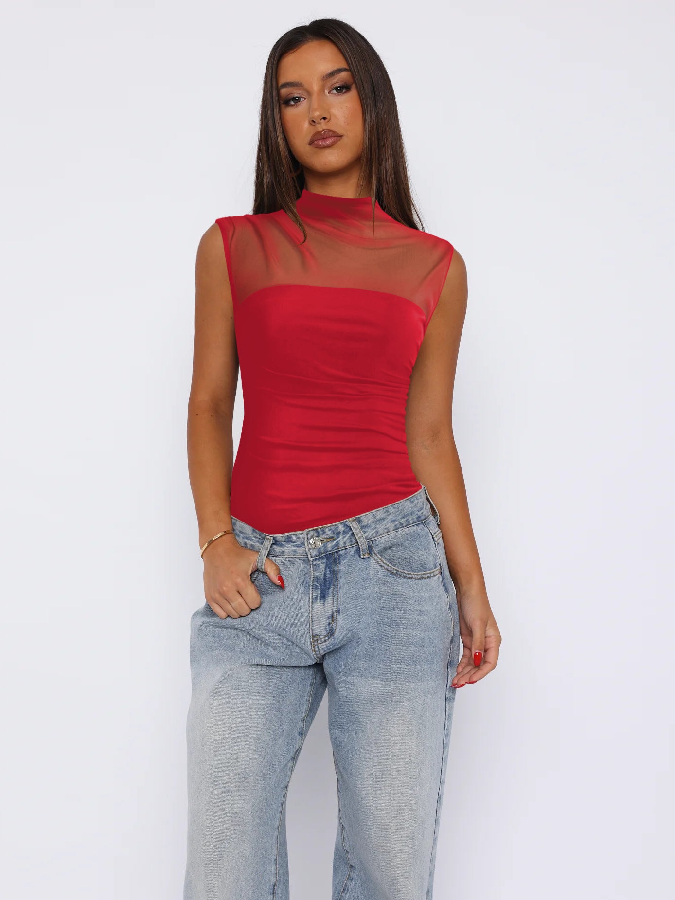 Women's Summer Half Collar Pure Color Mesh Tops