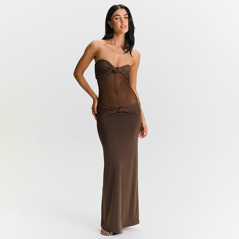 Women's Detachable Shoulder Strap Twist Mesh Slim Dresses