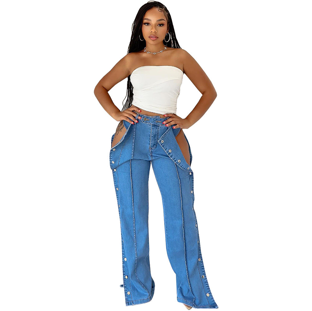 Women's Waist Fashion Street Double-sided Button Closure Jeans