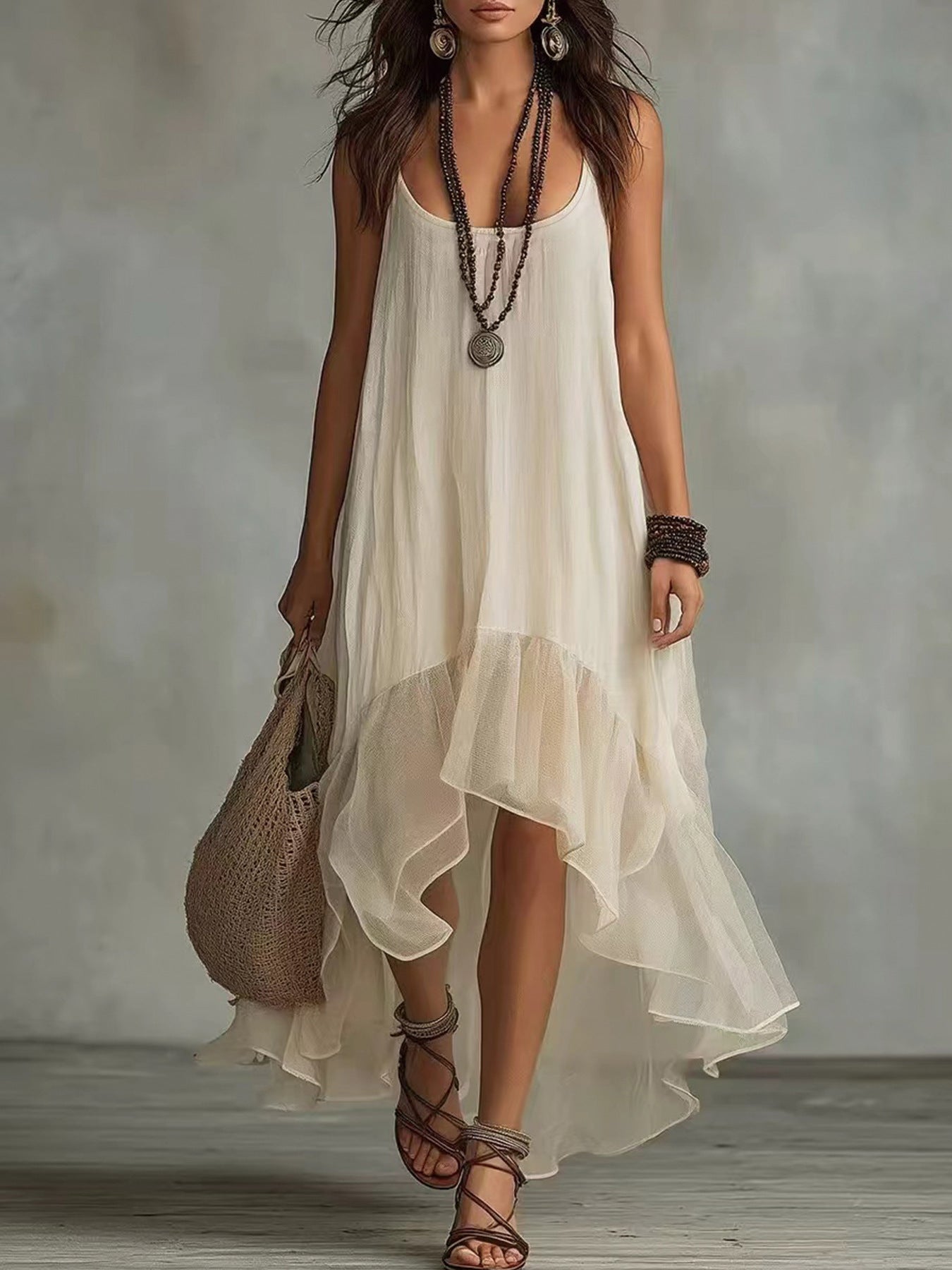 Hours Solid Color Sling Summer Casual Light Thin Mid-length Dress