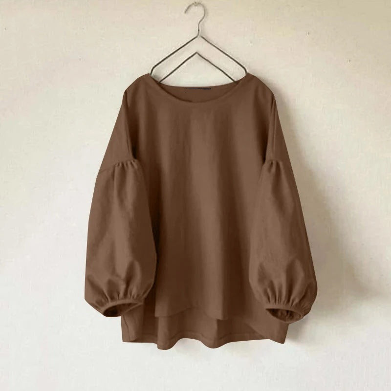 Women's Long Sleeve Round Neck Shirt Solid Color Tunic Blouses
