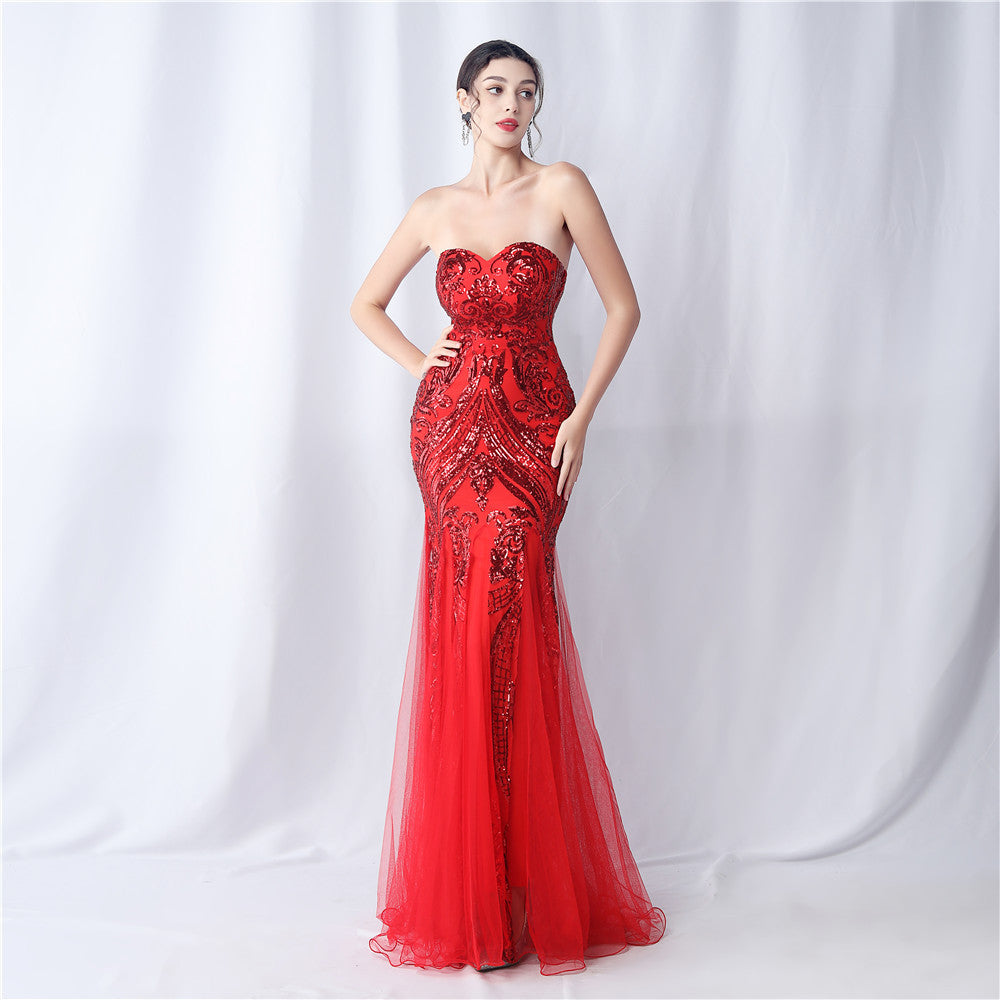 Flower Cut Mesh Sequin Dinner Toast Evening Dresses
