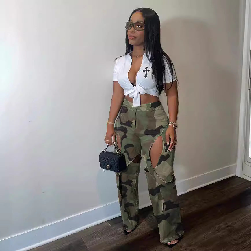 Fashion Digital Hd Printing Hole Cross Pants