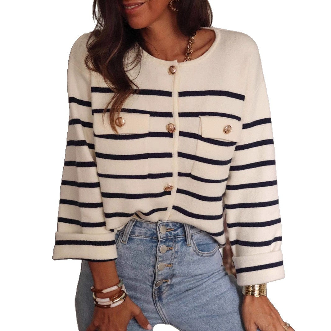 Women's Black White Striped Button Knitted Casual Sweater