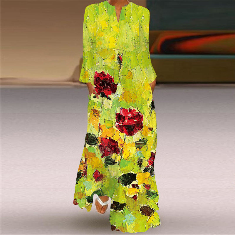 Women's Long Dress Sleeve Pocket Printed Loose Dresses