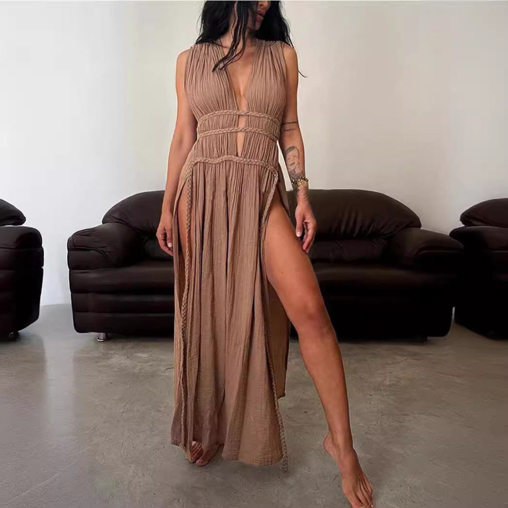 Linen Blend Sleeveless Braid Belt Hollow Dresses