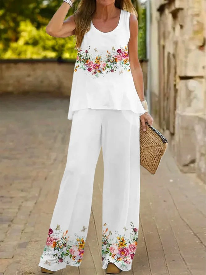 Women's Color Printed Casual Sleeveless T-shirt Trousers Suits