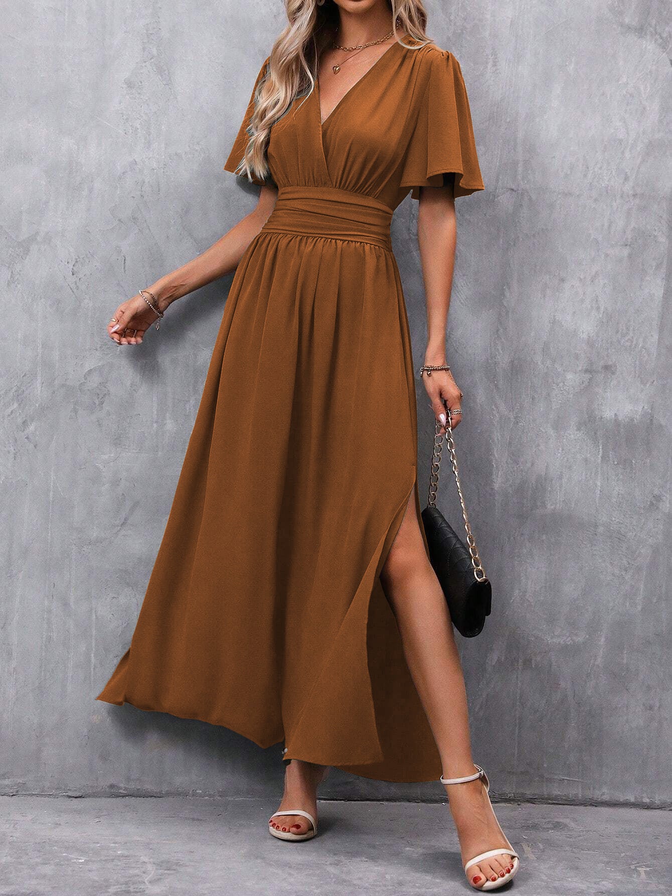 Women's Flying Sleeves Back Waist Smocking High Slit Dress