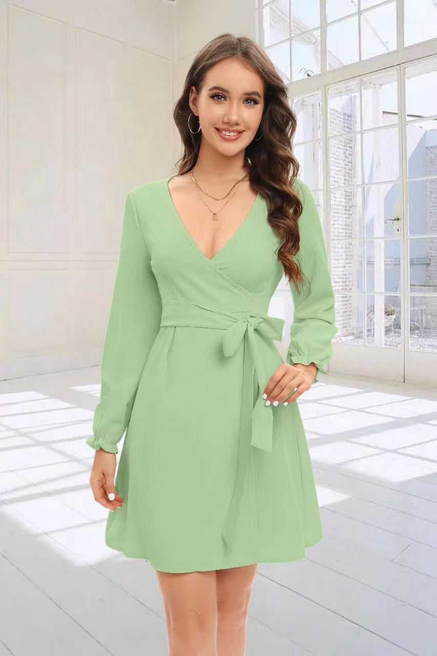Solid Color Slit Collar Drawstring Lantern Dress