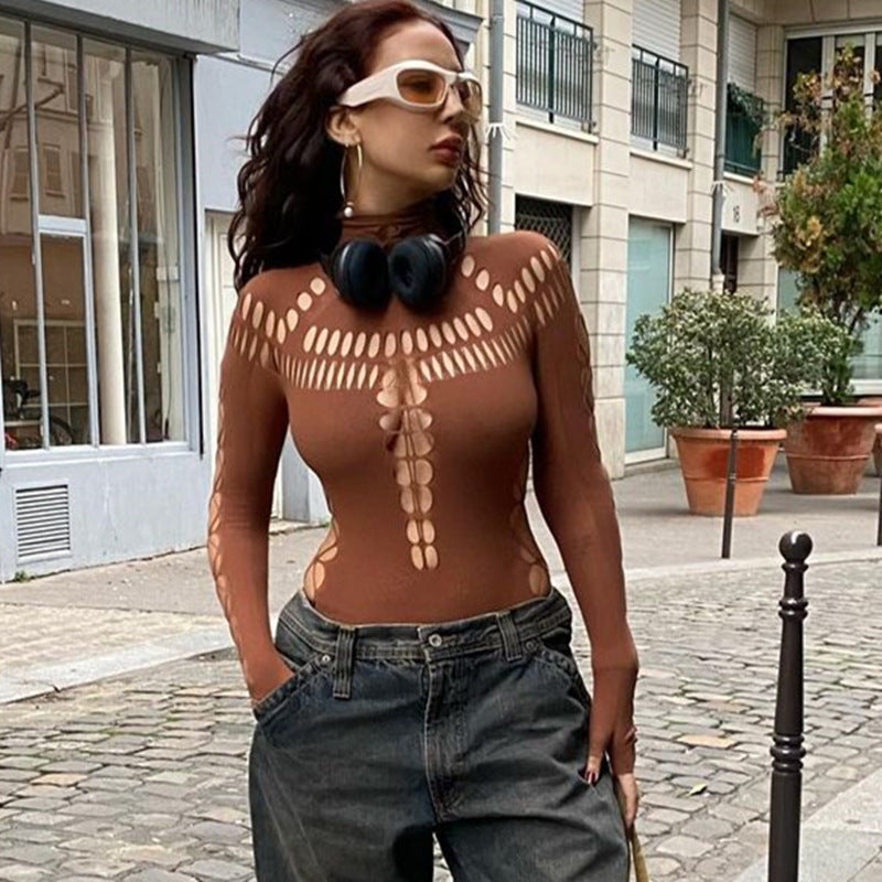 Women's Spring Hot Ripped Spider Web Turtleneck Jumpsuits