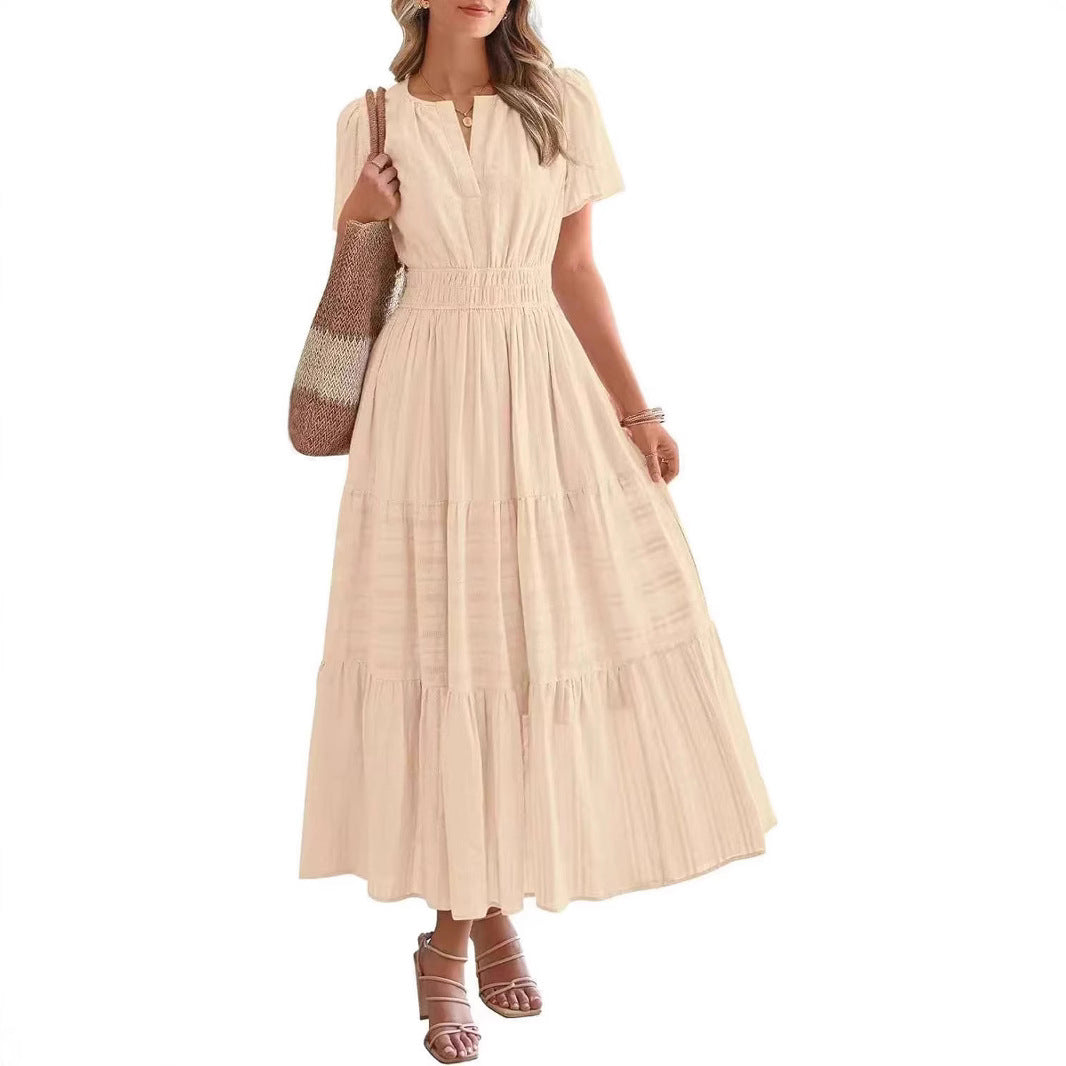 Women's Fashion Pleated Puff Sleeve Swing Dress Dresses