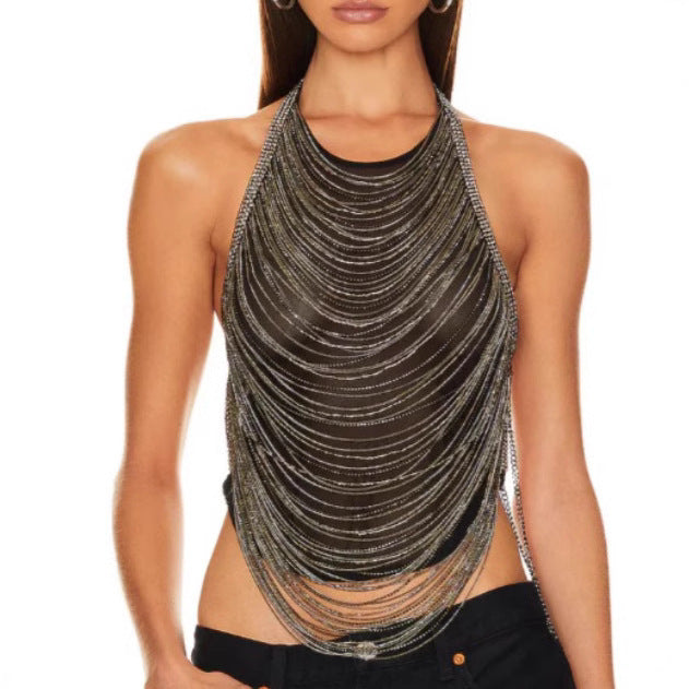 Rhinestone Inlaid Drill Chain Wave Tassel Tops