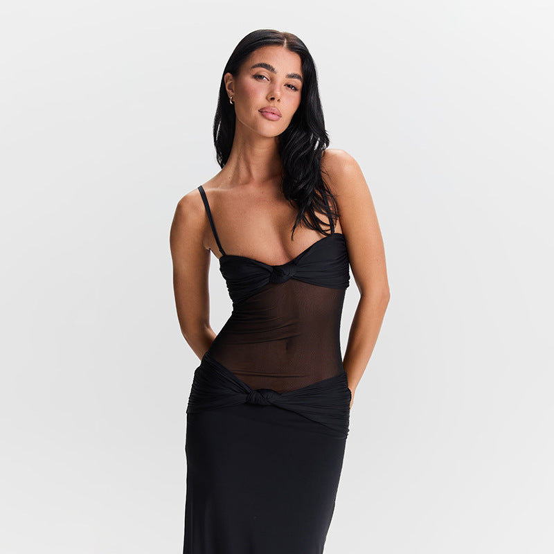 Women's Detachable Shoulder Strap Twist Mesh Slim Dresses