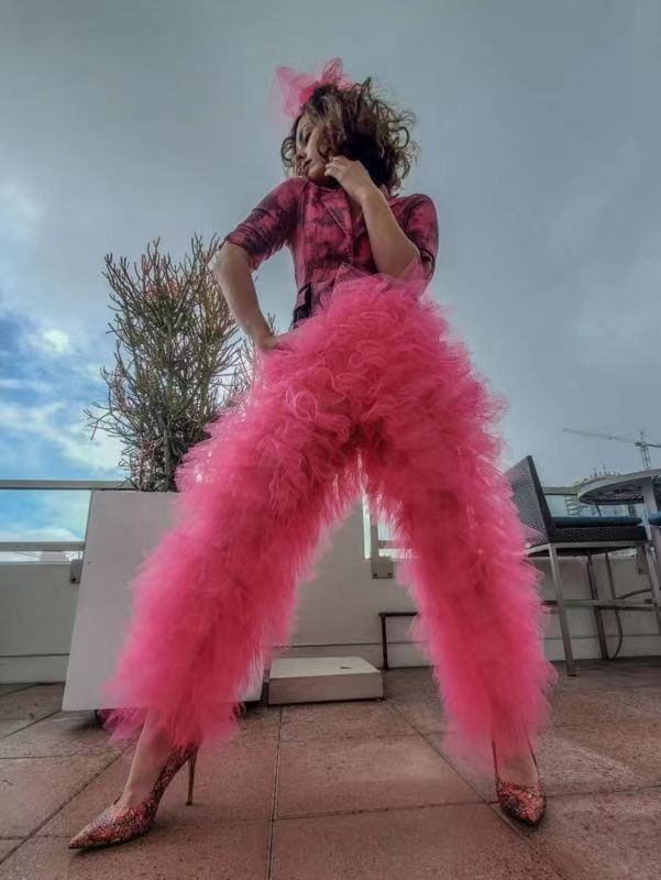 Sweet Mesh Stitching Elastic Cake European Pants