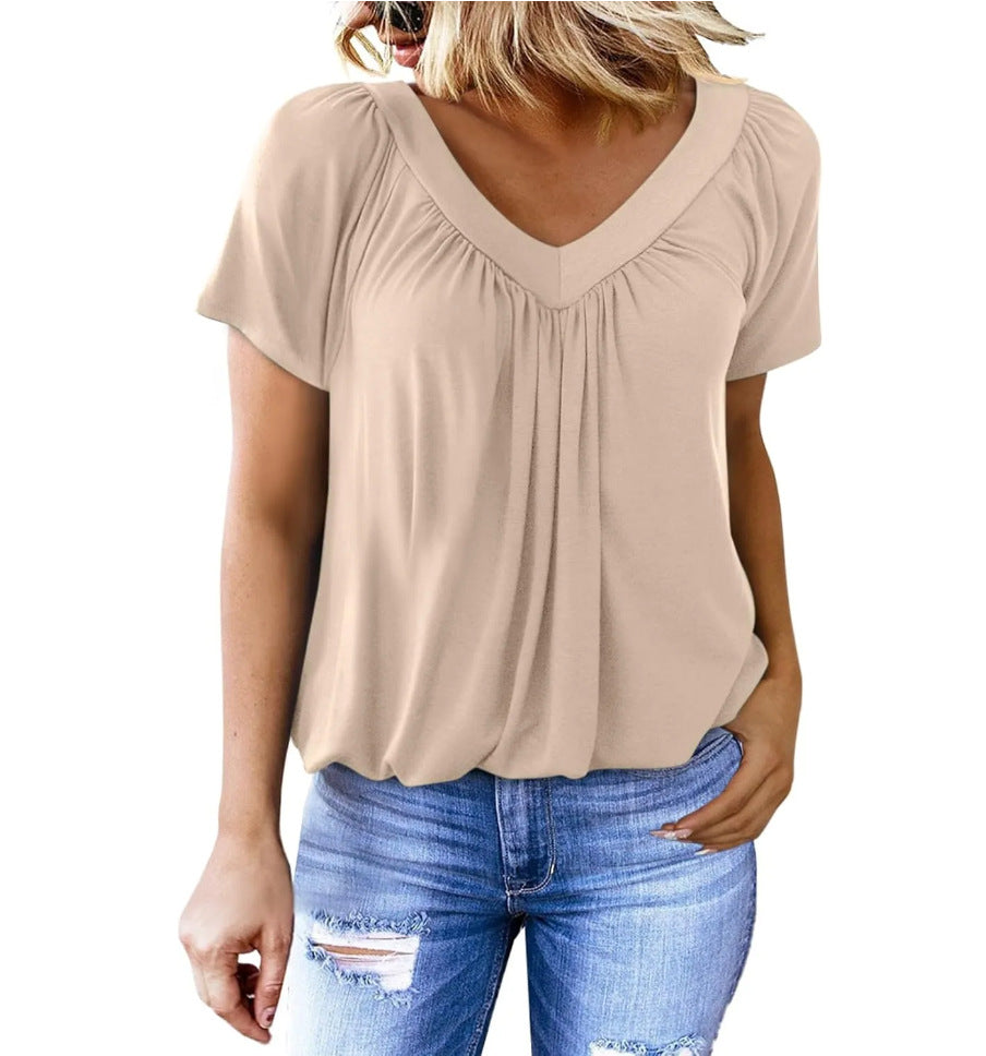 Women's Casual Pleated Solid Color Short-sleeved T-shirt Blouses