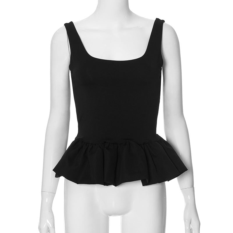 Women's Color Sleeveless Backless Square Collar Bubble Sexy Vests
