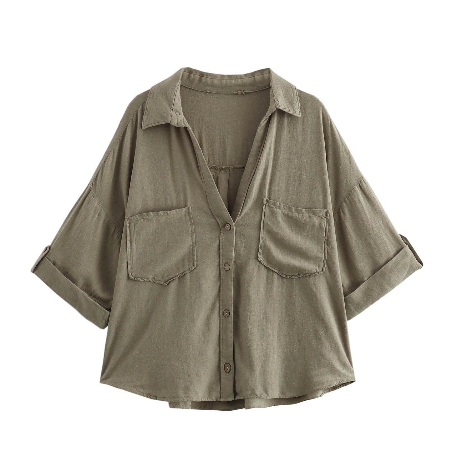 Women's Summer Blended Pocket Decoration Loose Shirt Blouses