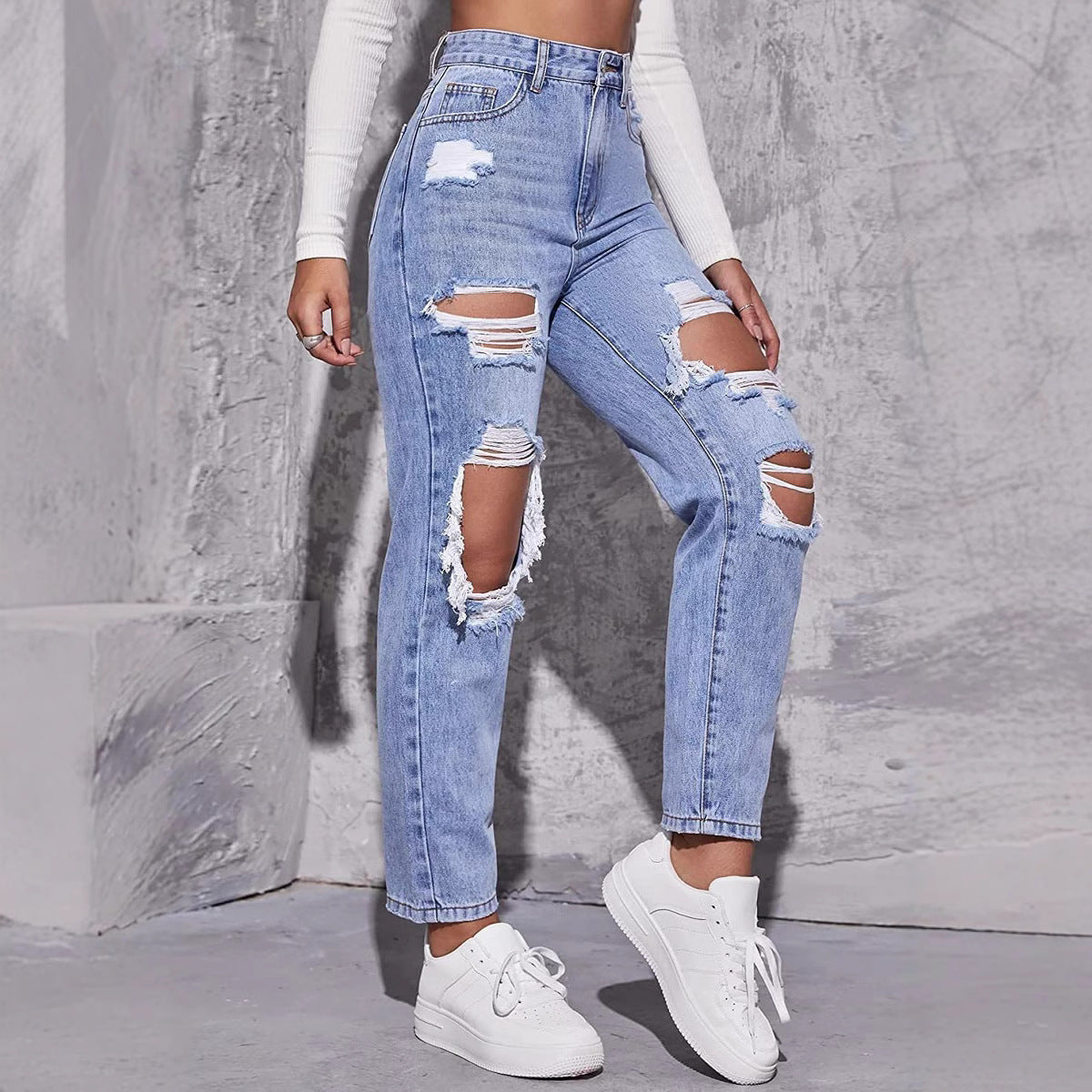 Women's Ripped Trend Water Washed Hole High Jeans