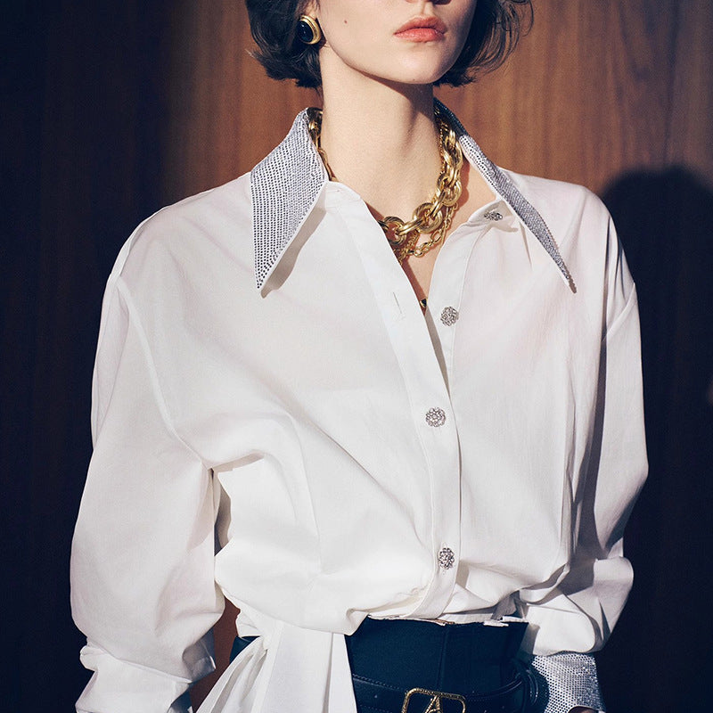 Women's Commute Style Spring Lapel Diamond Micro Transparent Blouses