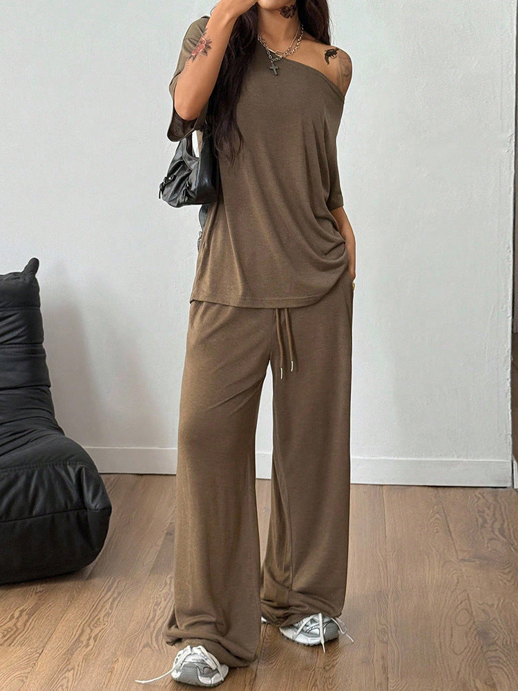 Women's Diagonal Collar Wide Leg Solid Color Sports Two-piece Loose Suits