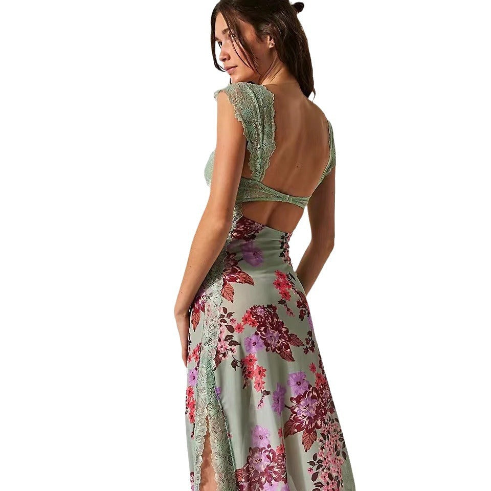 Women's Lace Backless Shoulder Strap Stitching Slit Dresses