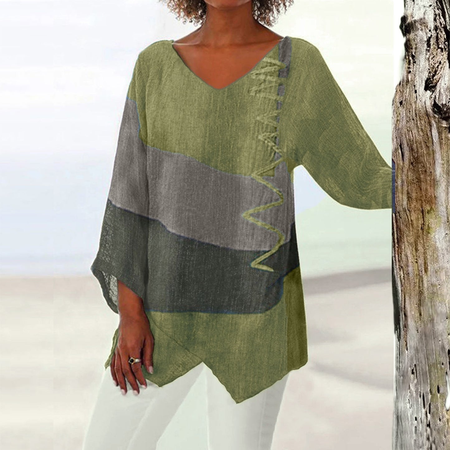 Women's Autumn Casual Loose Irregular Hem Art Print Long Blouses